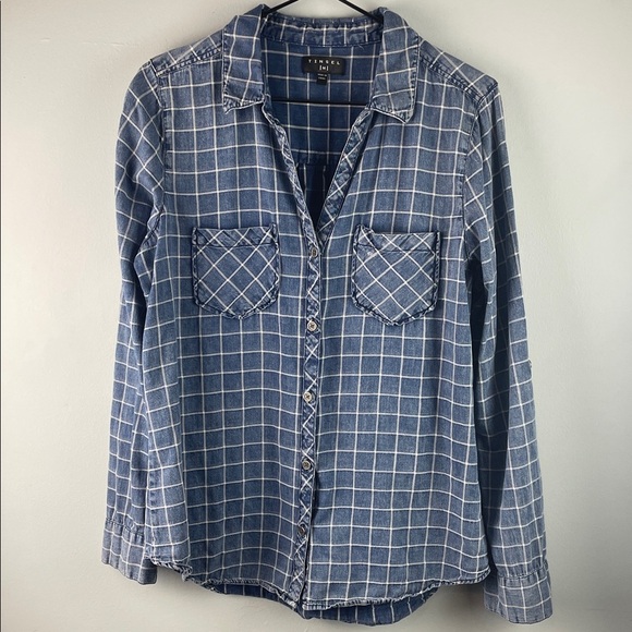 Tinsel Tops - Tinsel Distressed Blue Plaid Casual Button Down Shirt Size M